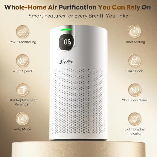 FreAire Air Purifiers for Home Large Room Covers up to 1800Ft², VisionAir 20dB Sleep Mode for Bedroom, with Real-Time AQI & PM2.5 Display,360°Intake&O
