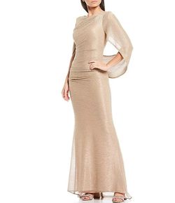 Betsy & Adam Long Metallic Crinkle Cowl Neck Back Gown sz 4P Champagne Gold NWT