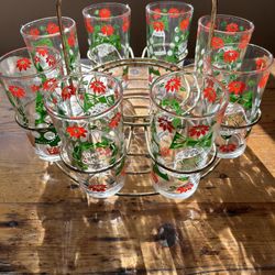 Vintage Set Of 8 Holiday Glasses With Carrier