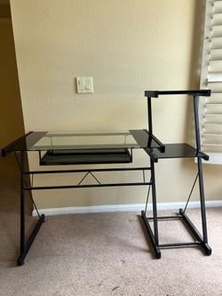 Vintage Glass Black Desk with Multiple Compartments