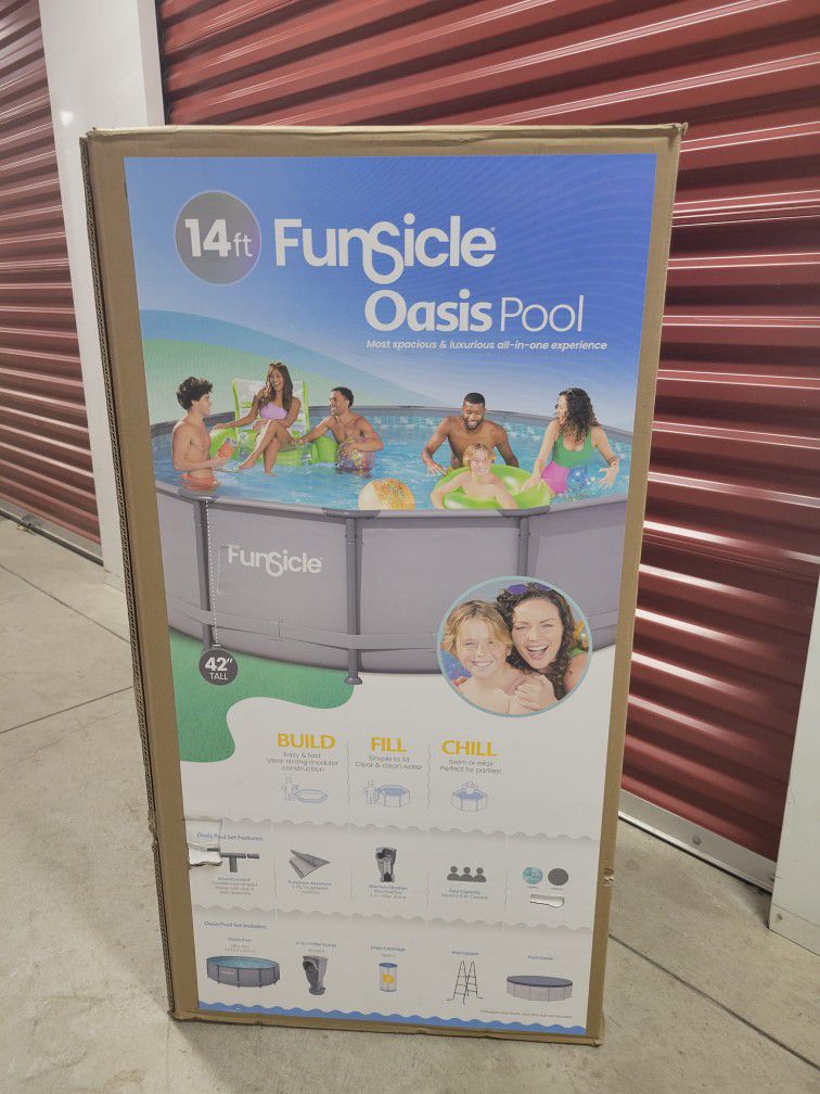 Funsicle 14 ft Oasis Round Above Ground Metal Frame Swimming Pool, Includes SkimmerPlus Pump, Age 6 & up