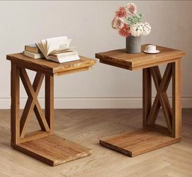 new assembled Solid Wood End Table Set of 2, C Shaped Side Table with Open Storage Shelf, 2-Tier Solid Wood Sofa Side Table Accent Table for Living Ro