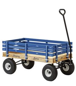 Almost new blue Cartwheel speedway express wagons with farm horse cushion 22″ x 40″