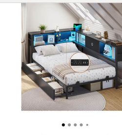 Twin Bed Frame with Storage, LED Lights & Outlets
