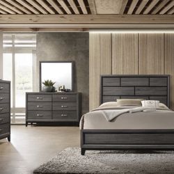 Akerson Gray Panel Bedroom Set ( Queen, king, twin, full bed frame, bedroom set - bed frame- tall dresser, nightstand and chest, mattress options