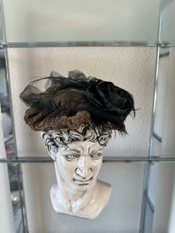 Vintage 1950s Brown Textured Brocade Cocktail Hat - Ostrich & Peacock Feathers