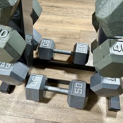 Set Of Cast Iron Hex Dumbbells From 15s to 50s Pounders ( Total: 520 lbs. ) [  NO RACK INCLUDED - yes you can Buy It $] 