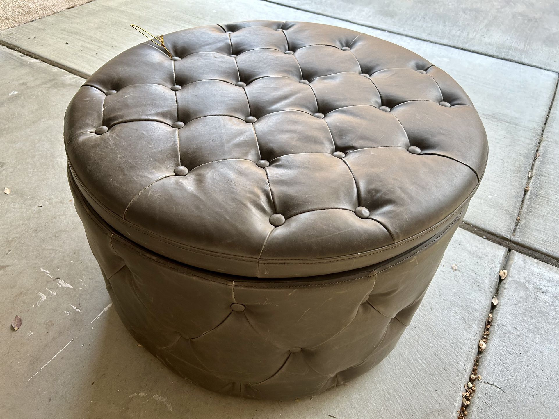 Brown Tufted Faux Leather Ottoman 