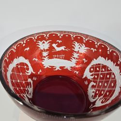 Vintage Bohemian Ruby Red Bowl Cut To Clear Etched Stag Deer Chased By Dog 5 In