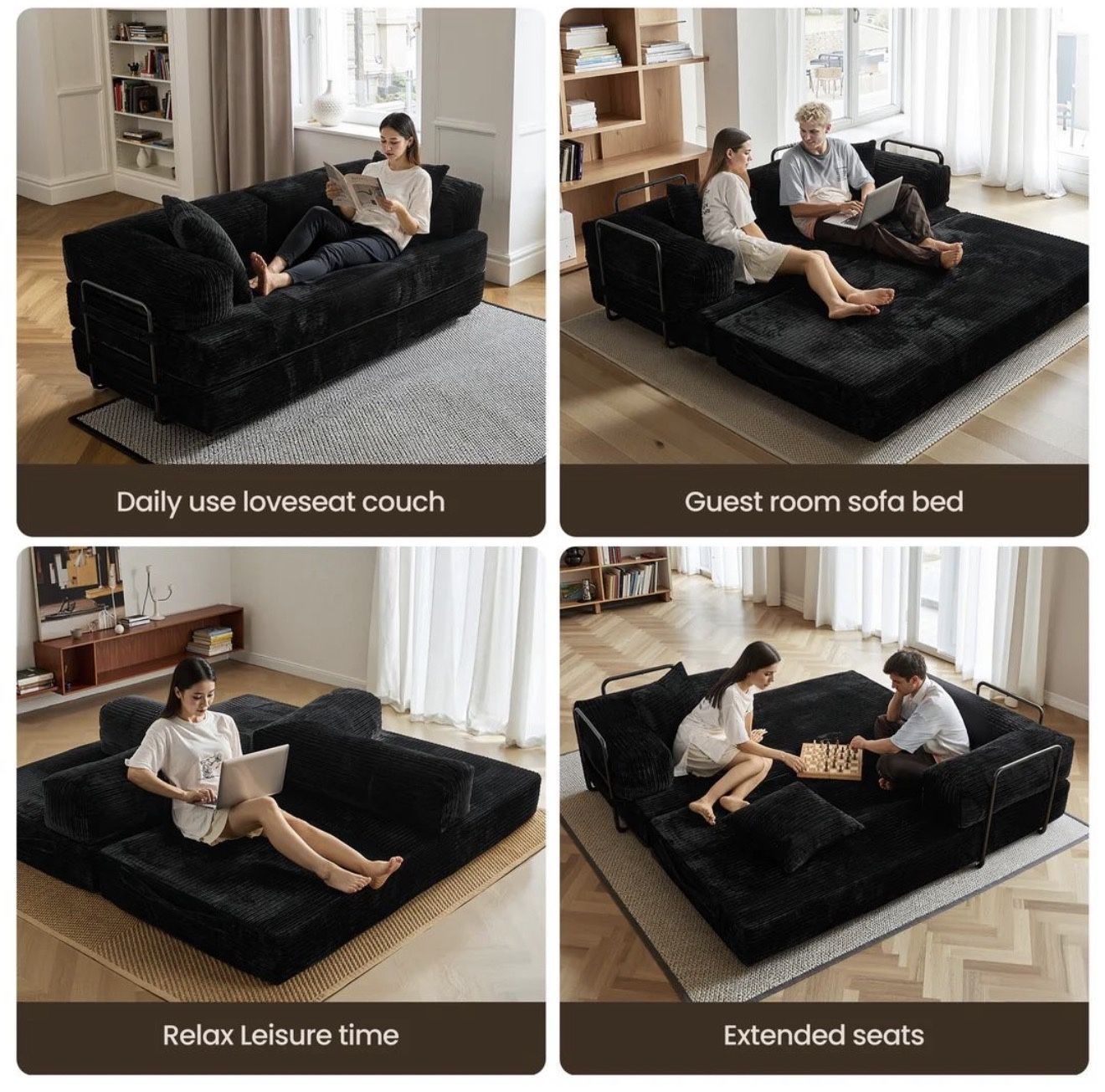 81" Convertible Sleeper Sofa Bed, Comfy Foldable Couch Sofa Bed with Pillow, Cloud Corduroy Floor Couch for Living Room, Bedroom, Black