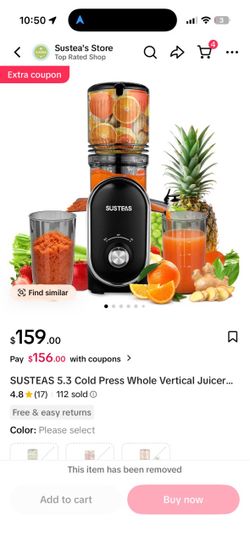 SUSTEAS 5.3 Cold Press Whole Vertical Juicer Machine - Heavy-Duty Metal Build, 90% Yield, Easy-Clean Design, Whole Fruit Crushing (Apples Included), X