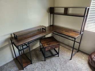 L Shaped Computer Desk with Power Outlet, Monitor Stand and Separate Printer Stand