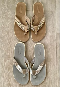 Sperry Flip Flops - 2 Pairs, Leopard Print & Silver - Women's Seafish Sandals Size 8.5