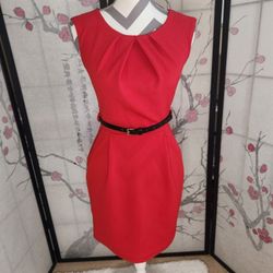 Women's Red Sleeveless Belted Sheath Dress S