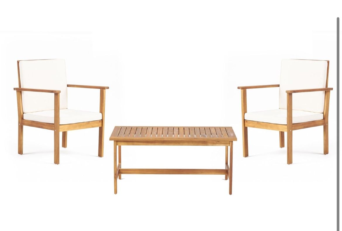 3-Piece Acacia Wood Chair Patio Conversation Set with Beige Cushions