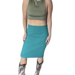 Vintage teal Blue midi knit pencil skirt body hugging Sz small