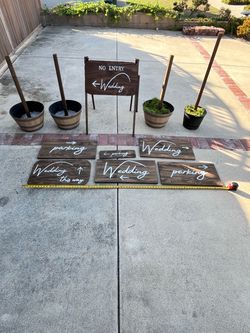 Rustic Wedding Decor Set with Barrel Planters and Signs