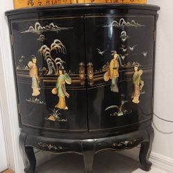 Chinese Black Lacquered and Hand Laminated Demi Lune Cabinet/Side Table
