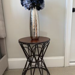 Metal Base With  Brown Wood Top Accent Table 