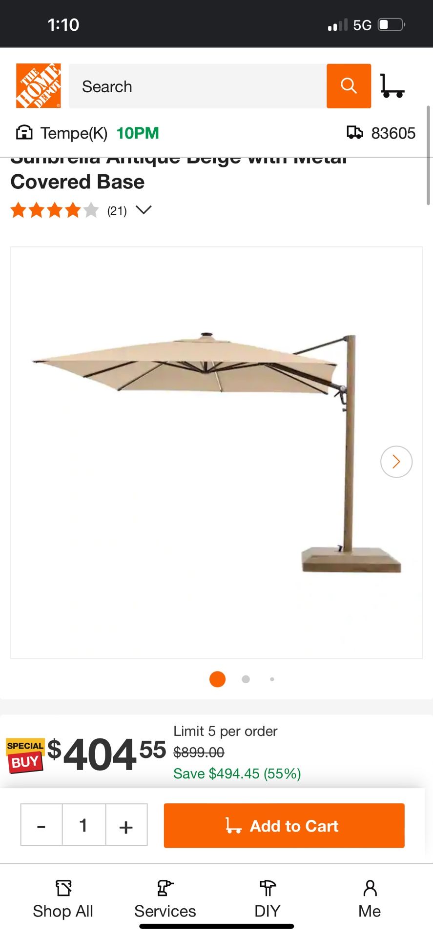 Home Decorators Collection 10 ft. Aluminum and Steel Cantilever LED Outdoor Patio Umbrella in Sunbrella Antique Beige with Metal Covered Base