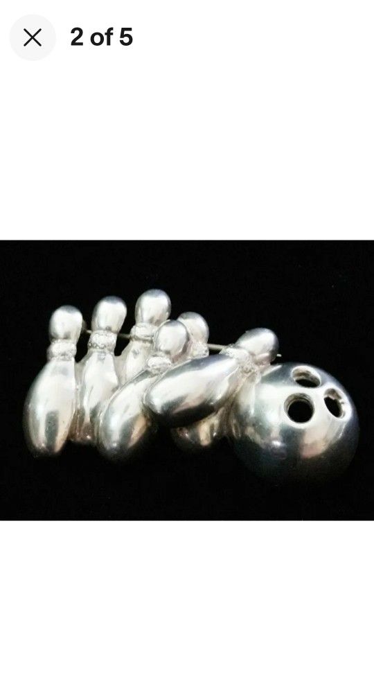 •RARE• 2-1/4" x 1-5/8 Solid Sterling Silver Bowling Pins & Ball Pin Brooch, Mex