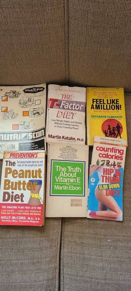 Diet books: T-F, Factor, Vitamin E, Pick N Pay, Hip & Thigh, Counting Calories, Feel Like a Million, The Peanut Butter Diet  $7