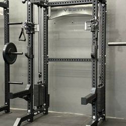 NEW Squat Rack Functional Trainer Cable Cross Over  Adjustable Bench Press 45lb Barbell Bumper Plates Home Gym 