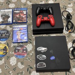 Two Sony PlayStation 4 (PS4) consoles, specifically the slimmer revision model, along with accessories and games. 