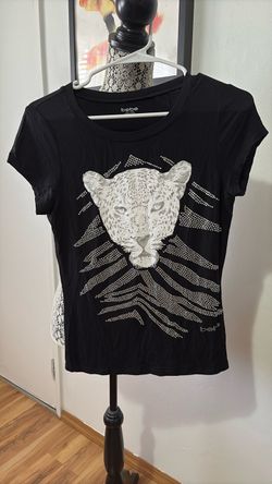 Bebe Black Graphic Tee with Rhinestones