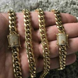 8MM Diamond Lock Cuban Link Set 14K Gold Plated Doesn't Loses Color 