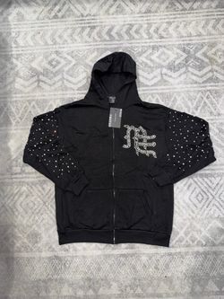 Mixed Emotion black zip up hoodie with silver rhinestone logo Size XL