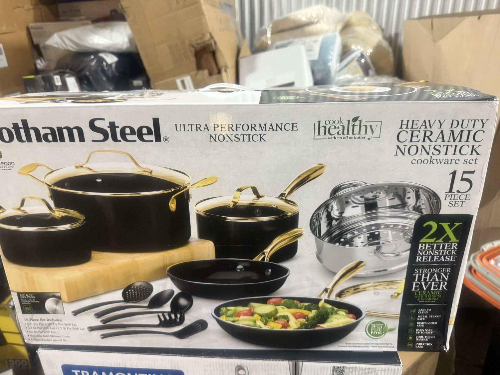 Gotham Steel 15 Pc Ceramic Pots and Pans Set Non Stick Cookware Set, Non Toxic Cookware Set, Stay Cool Handles, Dishwasher Safe - Black Gold