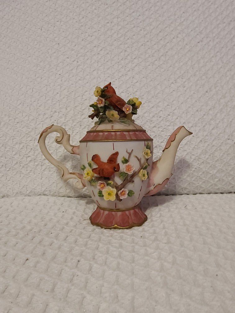 MONTEFIORI Cast Resin Cardinals Pink Yellow Flowers Tea Pot Collection 