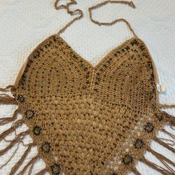 Studded Halter Top With Fringe / Brown Size XL