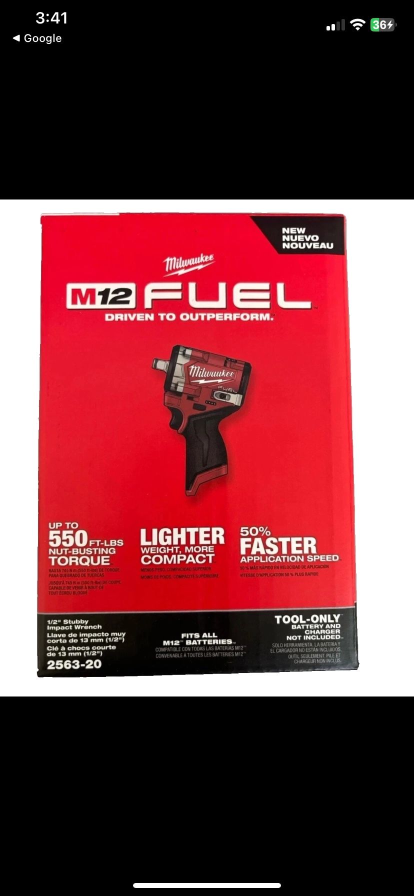 Milwaukee 2563-20 M12 FUEL 12V 1/2" Stubby Brushless Impact Wrench