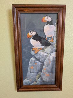 Framed Puffin Cross-Stitch Wall Art Bird
