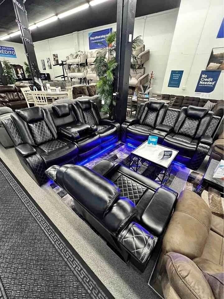 3PC Black leather power recliner sofa set with USB and LED