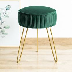 Pleated Vanity Stool, Velvet Upholstered Ottoman Footrest with Metal Legs for Living Room, Bedroom - Emerald