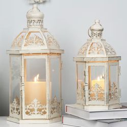 New Lanterns Decorative Outdoor & Indoor, Set of 2 (15"&11") Beige Metal