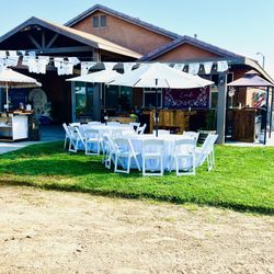 Umbrella sets includes tables, umbrella, plastic chairs heaters and linens  R. E. N.     T. A.    L.  Adelanto, Victorville, phelan, apple valley, Lit