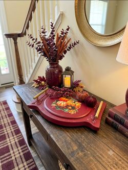Oval Wood Serving Tray w/ Gold Metal Handles Painted Pumpkin Floral 14in Fall
