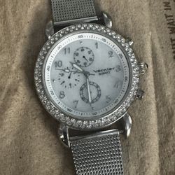 Vernier Analog Quartz Timepiece Watch Silvertone Mesh Bracelet  Multiple Subdials  Luminescent Hands Rhinestone Encrusted Bezel Mother Of Pearl Finish