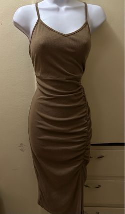 Women's brown ribbed and ruched midi dress, size M, SHEIN