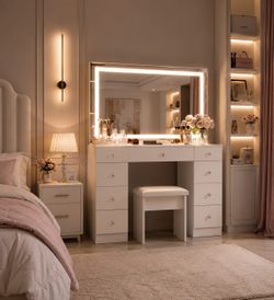 Vanity with Mirror and Lights - Vanity Desk with Power Outlet and 9 Drawers, 3 Color Lighting Modes, Adjustable Brightness, Makeup Vanity with Soft Cu