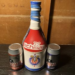 Chivas Leather Cover Bottle Container with Tecate Salt & Pepper Shakers