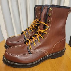 Vintage USA Green Herman Shoes And Boots Men Stiched Moc Leather Boots Sz 7.5