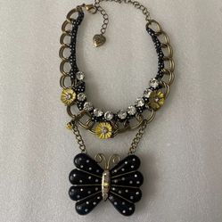 Betsey Johnson Polka Dot Rhinestone Butterfly Necklace Rare 