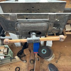 Vintage pattern makers, adjustable, vice with butcher block workbench attached