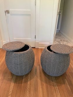 2 gray ottoman storage baskets - $50 for both