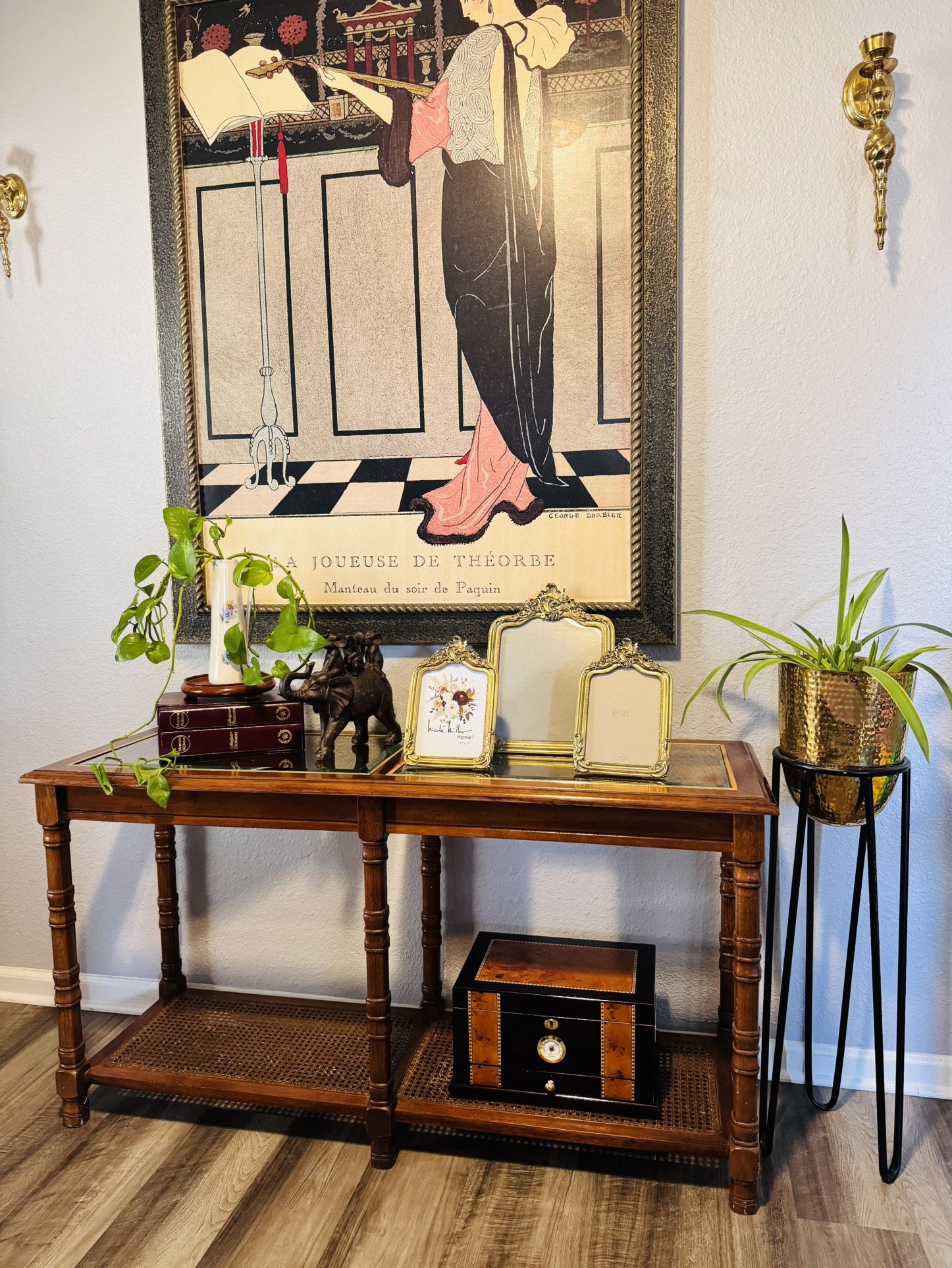 VTG MCM Rattan & Glass Entry -Console Table